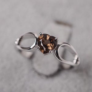 Smoky quartz ring white gold solitaire engagement ring heart cut brown gemstone ring
