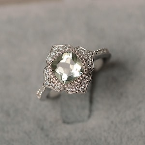 Green amethyst ring cushion cut halo ring sterling silver engagement flower ring for woman