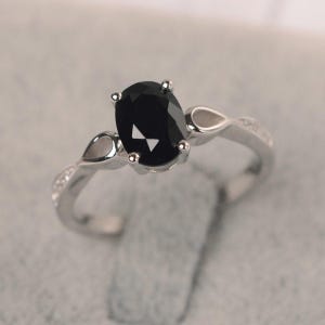 Black spinel ring oval cut 4 prong sterling silver wedding ring for women