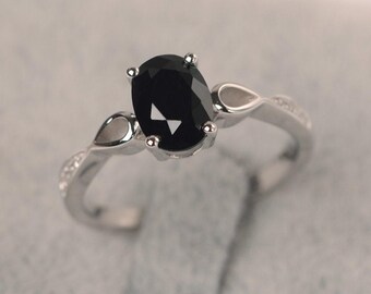 Black spinel ring oval cut 4 prong sterling silver wedding ring for women