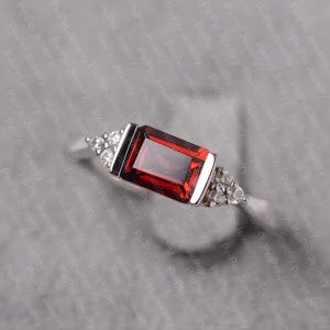 Emerald cut garnet anniversary ring January birthstone sterling silver stackable ring