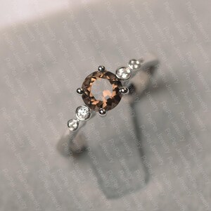 Smoky quartz ring 5 stone ring sterling silver engagement ring round cut ring