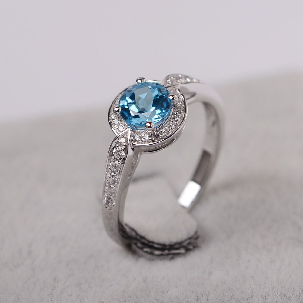 Swiss Blue Topaz Ring Round Cut Blue Gemstone Ring White Gold - Etsy