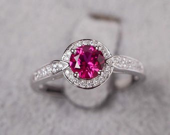 Ruby engagement ring sterling silver halo ring round cut July birthstone ring
