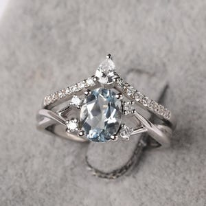 V shaped engagement ring sets oval cut aquamarine ring March birthstone ring