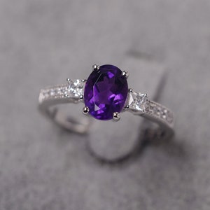 Amethyst ring February birthstone anniversary ring for women oval cut sterling silver wedding ring