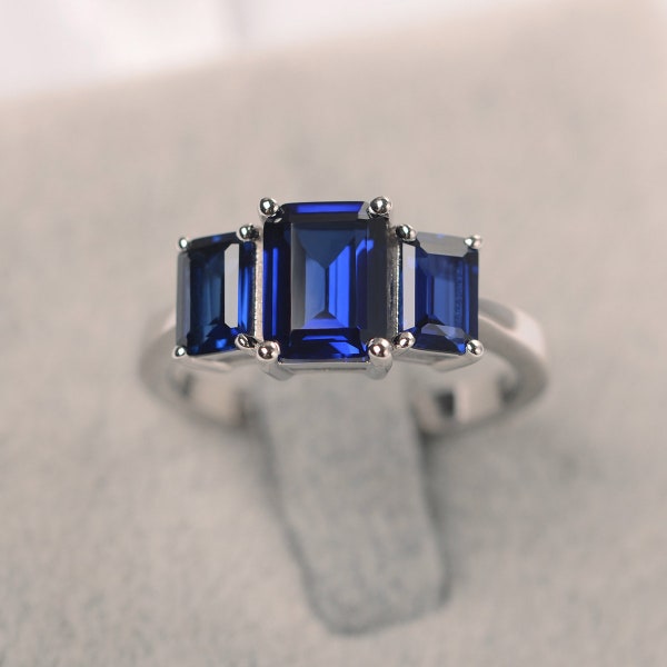 three stone ring blue sapphire emerald cut wedding ring September birthstone ring