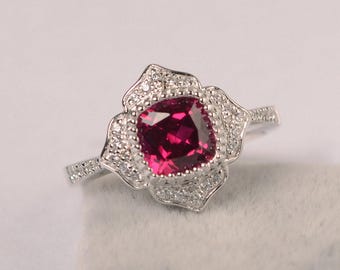 Red ruby ring cushion cut July birthstone ring sterling silver flower engagement ring for women