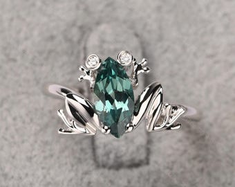 Marquise-slipad 1,34 karat grön safirring i sterlingsilver med grodring, roliga presenter till tjejer