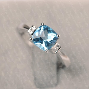 Swiss blue topaz ring cushion cut sterling silver engagement ring November birthstone