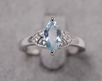 Marquise cut aquamarine ring March birthstone sterling silver engagement ring for women