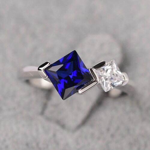 Half Bezel Setting Princess Cut Sapphire shops Anniversary Ring 2 Birthstone Mothers Rings September Birthstone