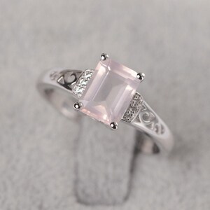 Pink quartz ring silver emerald cut pink gemstone engagement ring for women