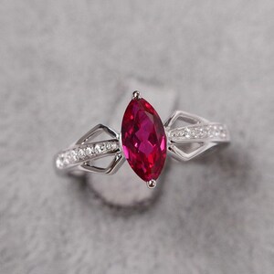 Lab ruby ring marquise cut July birthstone ring sterling silver engagement ring for women