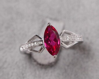 Lab ruby ring marquise cut July birthstone ring sterling silver engagement ring for women