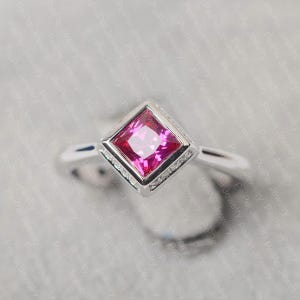 lab ruby ring July birthstone princess cut red gemstone ring sterling silver wedding ring for women