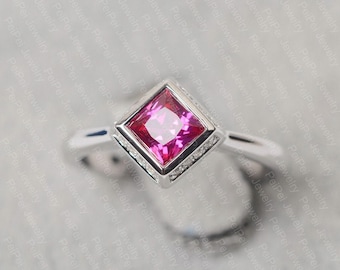 lab ruby ring July birthstone princess cut red gemstone ring sterling silver wedding ring for women
