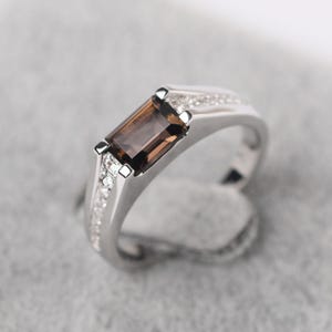 Smoky Quartz Anniversary Ring Sterling Silver Emerald Cut Brown Stone East West Ring