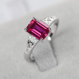 Lab ruby ring silver emerald cut engagement ring July birthstone