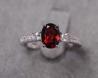 Garnet ring sterling silver engagement ring for women January birthstone oval cut red gemstone ring