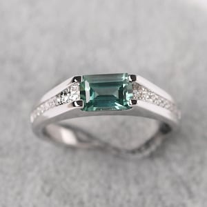 Green Sapphire East West Promise Ring Silver Emerald Cut Wide Band Ring With Stone