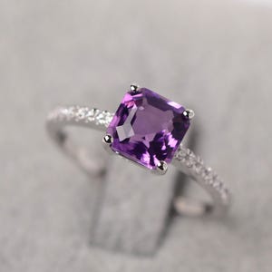 Asscher Cut Engagement Rings Amethyst Promise Ring Solid Silver February Birthstone