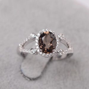 Smoky quartz ring sterling silver halo engagement ring oval cut brown gemstone ring for women