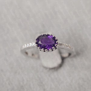 Amethyst ring oval cut February birthstone purple stone ring sterling silver engagement ring