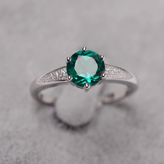 Emerald Ring Sterling Silver Engagement Ring Round Cut May | Etsy