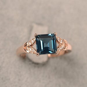 London blue topaz ring rose gold ring square cut gemstone ring for women