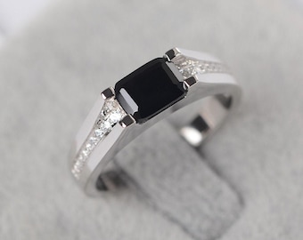 black spinel ring sterling silver emerald cut balck gemstone ring for men