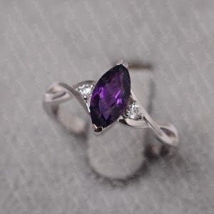 Amethyst ring sterling silver marquise cut purple gemstone twist engagement ring for women February birthstone