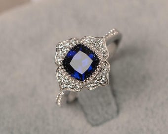 Blauer Saphir Ring Kissenschliff September Geburtsstein Ring Weißgold Blume Halo Verlobungsring für Damen