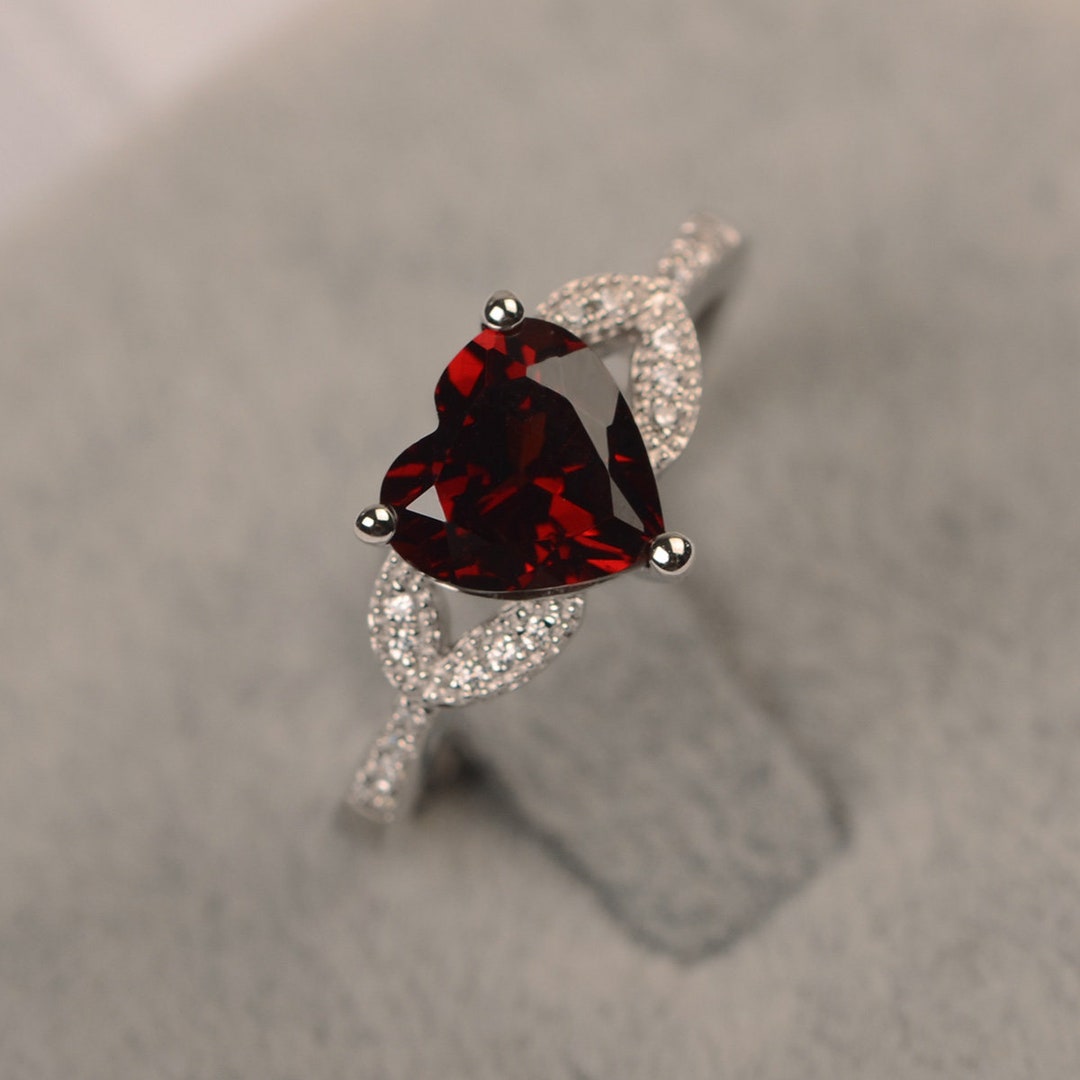 Red Garnet Ring Heart Cut January Birthstone Ring Sterling Silver ...