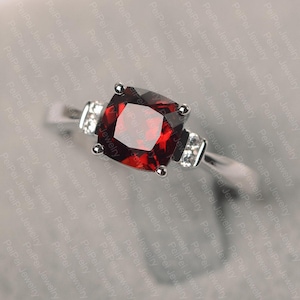 garnet ring January birthstone white gold engagement ring for women cushion cut red stone ring