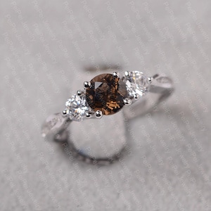 Smoky quartz ring sterling silver wedding ring for women round cut brown stone ring