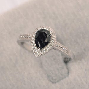 pear cut black spinel ring sterling silver halo engagement ring