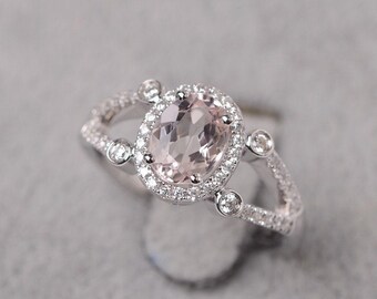 Morganite ring oval cut pink gemstone sterling silver engagement ring for women
