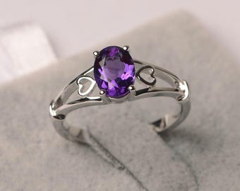 Amethyst ring oval cut sterling silver solitaire engagement ring for women purple gemstone February birthstone ring