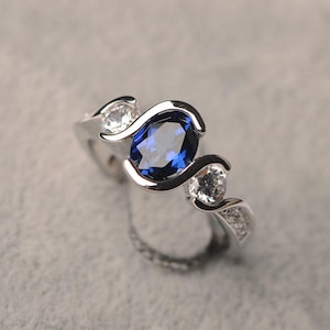 Sapphire engagement ring oval cut  sterling silver ring for women  blue stone ring