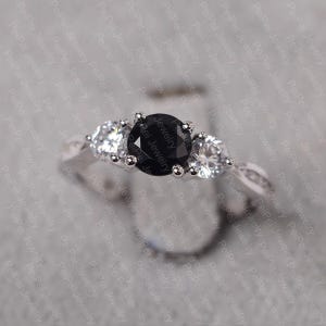 Black spinel ring round cut black stone sterling silver engagement ring for women