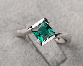 Solid silver bypass emerald ring princess cut minimalist wedding ring May birthstone ring
