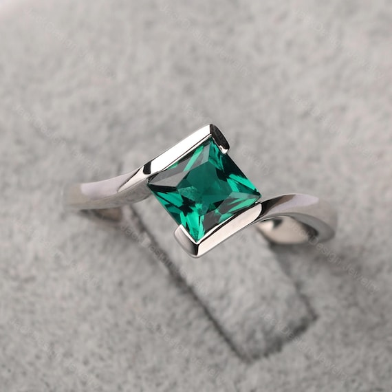 Solid silver bypass emerald ring princess cut minimalist wedding ring May birthstone ring