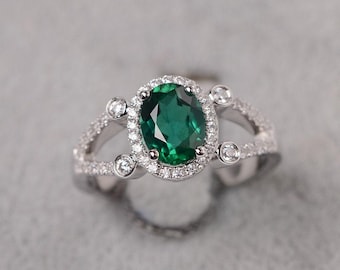 Emerald ring May birthstone oval cut white gold halo engagement ring for women
