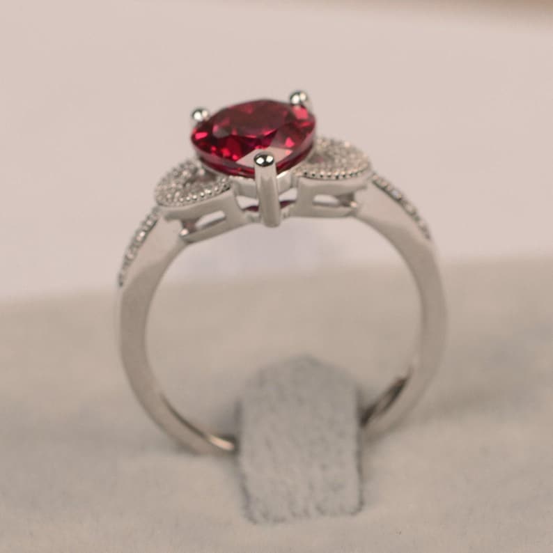 Red ruby ring July birthstone heart cut gems sterling silver engagement ring for woman image 2
