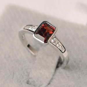 garnet engagement ring January birthstone emerald cut red gemstone proposal ring for women