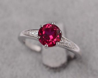 Round cut ruby ring sterling silver engagement ring for women July birthstone ring