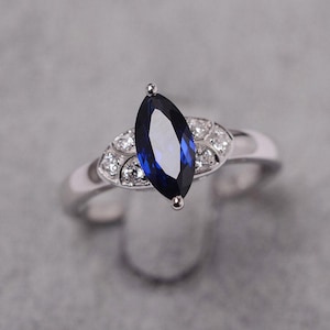 Sapphire ring sterling silver engagement marquise cut customized September birthstone ring for women