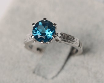London blue topaz ring round cut sterling silver engagement ring 6 prong setting ring