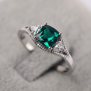 Split Shank Engagement Ring Vintage Emerald Promise Ring Sterling Silver Cushion Cut May Birthstone